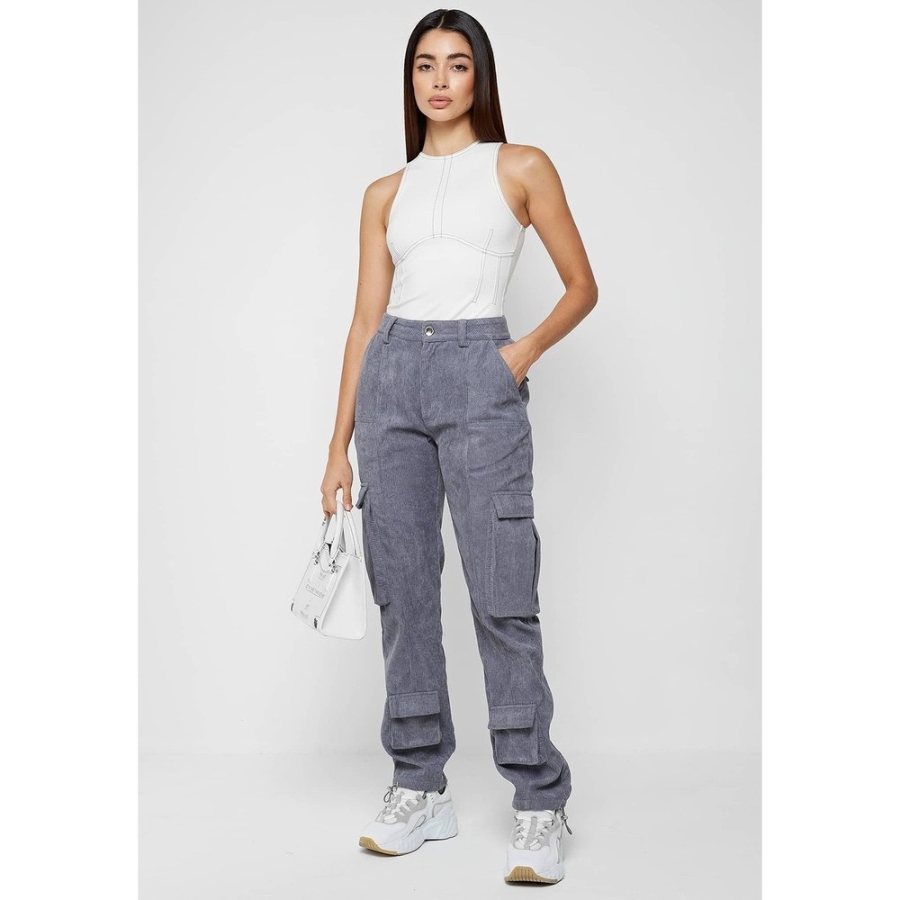 Maniere De Voir Womens 8 Grey Corduroy Cargo Pants Gorpcore Utility Streetwear